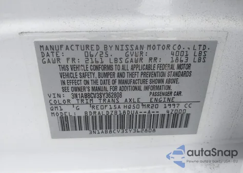 2025 Nissan Sentra Sv z USA, uszkodzony, nr VIN 3N1AB8CV3SY362808